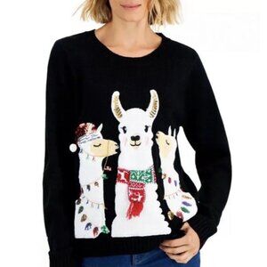 Karen Scott Llama Holiday Christmas Crewneck Novelty Sweater Black Womens XL